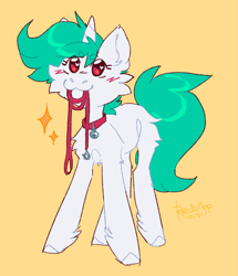 Size: 1291x1500 | Tagged: safe, artist:redslipp, imported from derpibooru, oc, oc only, oc:hazel, pony, unicorn, behaving like a dog, bell, bell collar, blushing, collar, cute, excited, fluffy, leash, pet, pony pet, puppy dog eyes, simple background, smiling, solo, sparkles