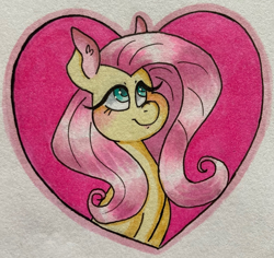 Size: 1024x968 | Tagged: safe, artist:lacedra, imported from derpibooru, fluttershy, pony, blushing, bust, colored ears, eyelashes, female, heart, looking away, looking up, mare, portrait, solo, three quarter view, traditional art