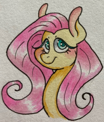 Size: 1024x1204 | Tagged: safe, artist:lacedra, imported from derpibooru, fluttershy, pony, blushing, bust, colored ears, eyelashes, female, looking at you, mare, portrait, solo, three quarter view, traditional art