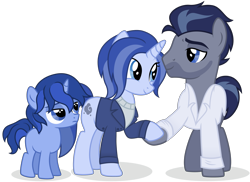 Size: 3747x2733 | Tagged: safe, artist:cirillaq, imported from derpibooru, oc, oc only, pony, unicorn, blue eyes, clothes, colt, eye contact, eyebrows, female, full body, high res, holding hooves, horn, lidded eyes, looking at each other, male, mare, shadow, show accurate, simple background, smiling, stallion, standing, tail, transparent background, two toned mane, two toned tail, unicorn oc