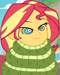 Size: 789x998 | Tagged: safe, artist:ocean lover, edit, edited screencap, imported from derpibooru, screencap, sunset shimmer, chimera, snake, equestria girls, equestria girls series, forgotten friendship, blurry background, coiling, coils, kaa eyes, lidded eyes, mind control, scales, sleepy, smiling, squeeze, squeezing, tail, tail wrap, wrapped up