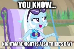 Size: 742x500 | Tagged: safe, edit, edited screencap, imported from derpibooru, screencap, trixie, equestria girls, equestria girls series, forgotten friendship, beach chair, chair, clothes, nightmare night, swimsuit, text