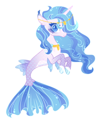 Size: 1280x1525 | Tagged: safe, artist:tuttyfruitcutie, imported from derpibooru, oc, oc only, seapony (g4), unicorn, base used, blue eyes, blue mane, bubble, commission, dorsal fin, female, fins, fish tail, flowing mane, flowing tail, horn, jewelry, looking at you, necklace, regalia, scales, seaponified, simple background, smiling, solo, species swap, tail, transparent background