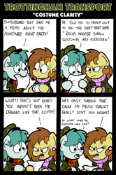 Size: 1024x1542 | Tagged: safe, artist:bobthedalek, imported from derpibooru, oc, oc only, oc:bubble pump, oc:clippy ticket, earth pony, pegasus, pony, comic:trottingham transport, angry, clothes, comic, ear piercing, earring, hat, jewelry, paper, piercing, rocky horror, rocky horror picture show, sweater