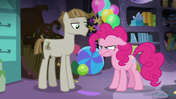 Size: 1280x720 | Tagged: safe, imported from derpibooru, screencap, mudbriar, pinkie pie, earth pony, pony, season 8, the maud couple, angry, duo, frustrated, male, mane, party cave, pinkie pie is not amused, stallion, unamused