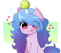 Size: 758x656 | Tagged: safe, artist:arwencuack, imported from derpibooru, izzy moonbow, pony, unicorn, :p, ball, blushing, chest fluff, commission, cute, ear fluff, eye clipping through hair, female, floating heart, g5, heart, horn, hornball, izzy's tennis ball, izzybetes, mare, my little pony: a new generation, solo, tennis ball, tongue out