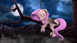 Size: 3840x2160 | Tagged: safe, artist:owlpirate, imported from derpibooru, fluttershy, bat pony, pony, 3d, 4k, apple, apple core, bat ponified, cute, dock, eyes closed, female, floppy ears, flutterbat, food, forest, full moon, high res, mare, moon, race swap, shyabates, shyabetes, sleeping, smiling, solo, source filmmaker, tail, tree, tree branch, unshorn fetlocks