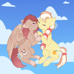 Size: 1280x1280 | Tagged: safe, artist:katelynleeann42, imported from derpibooru, oc, oc only, oc:apricot dreams, oc:foxy cleo, earth pony, pegasus, pony, base used, female, kissing, mare