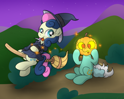 Size: 5003x4001 | Tagged: safe, artist:background basset, imported from derpibooru, bon bon, lyra heartstrings, sweetie drops, earth pony, pony, unicorn, broom, duo, flying, flying broomstick, halloween, hat, holiday, magic, open mouth, pumpkin, pumpkin head, surprised, tongue out, transformation, witch, witch costume, witch hat, witchcraft