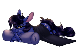 Size: 2500x1600 | Tagged: safe, artist:henori_artist, imported from derpibooru, oc, oc only, earth pony, pony, :3, art, blanket, colt, commission, commission open, lying down, male, one eye closed, pillow, prone, simple background, smiling, solo, transparent background, wink