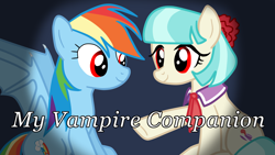 Size: 1920x1080 | Tagged: safe, artist:kazamacat, imported from derpibooru, coco pommel, rainbow dash, bat pony, pony, vampire, vampony, fanfic:my vampire companion, bat ponified, bat wings, cocobat, cocodash, fanfic, fanfic art, fanfic cover, female, lesbian, race swap, rainbowbat, red eyes, shipping, smiling, wings