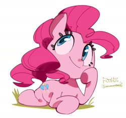 Size: 1532x1442 | Tagged: safe, artist:oooooooosushi, imported from derpibooru, pinkie pie, earth pony, pony, cute, diapinkes, female, lying down, mare, prone, simple background, solo, white background