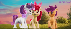 Size: 3822x1578 | Tagged: safe, artist:soft_angel, edit, edited screencap, imported from derpibooru, screencap, apple bloom, scootaloo, sweetie belle, earth pony, pegasus, pony, unicorn, spoiler:my little pony: a new generation, bow, cutie mark crusaders, female, filly, g4, g4 to g5, g5, generation leap, grass, horn, my little pony: a new generation, raised hoof, sky, tree, wings