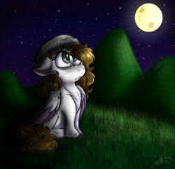 Size: 960x927 | Tagged: safe, artist:millefaller, imported from derpibooru, oc, oc only, pegasus, pony, beanie, female, floppy ears, full moon, hat, mare, moon, night, outdoors, pegasus oc, sad, signature, solo, stars, wings