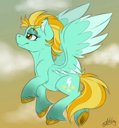 Size: 1530x1640 | Tagged: safe, artist:millefaller, imported from derpibooru, lightning dust, pegasus, pony, colored wings, ear fluff, eyelashes, female, flying, lidded eyes, mare, outdoors, signature, smiling, solo, two toned wings, underhoof, wings