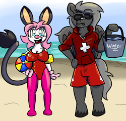 Size: 1024x987 | Tagged: safe, artist:tranzmuteproductions, imported from derpibooru, oc, oc only, oc:tranzmute, anthro, digitigrade anthro, rabbit, unguligrade anthro, animal, beach, bucket, clothes, duo, female, male, outdoors, shorts, stallion