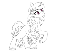 Size: 1206x860 | Tagged: safe, artist:shpinat9, imported from derpibooru, izzy moonbow, pony, unicorn, spoiler:my little pony: a new generation, female, g5, lineart, mare, monochrome, my little pony: a new generation, partial color, raised hoof, solo