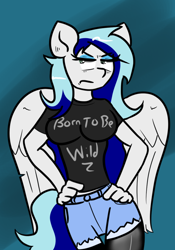 Size: 700x1000 | Tagged: safe, artist:tranzmuteproductions, imported from derpibooru, oc, oc only, anthro, pegasus, abstract background, clothes, female, frown, hand on hip, makeup, pegasus oc, shorts, solo, unamused, wings