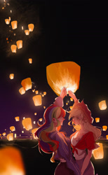 Size: 1666x2698 | Tagged: safe, artist:yueyong996, imported from derpibooru, applejack, rainbow dash, human, appledash, female, humanized, lantern, lesbian, paper lantern, shipping