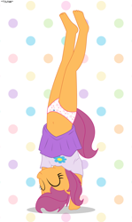 Size: 2245x3773 | Tagged: safe, artist:tolpain, imported from ponybooru, scootaloo, anthro, barefoot, belly button, clothes, feet, girly, handstand, panties, panty shot, skirt, underwear, upside down, upskirt