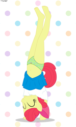 Size: 2245x3773 | Tagged: safe, artist:tolpain, imported from ponybooru, apple bloom, anthro, barefoot, belly button, clothes, feet, handstand, panties, panty shot, skirt, underwear, upside down, upskirt