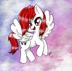 Size: 2500x2458 | Tagged: safe, artist:twiliciousred, imported from derpibooru, oc, oc:red cloud, pegasus, pony, absurd resolution, cloud, cutie mark, female, flying, happy, open mouth, red eyes, red hair, stars, trace