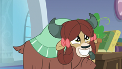 Size: 1280x720 | Tagged: safe, imported from derpibooru, screencap, yona, yak, a rockhoof and a hard place, season 8, spoiler:s08, cloven hooves, cute, excited, excitement, friendship student, grin, happy, smiling, solo, yonadorable