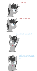 Size: 2071x3984 | Tagged: safe, artist:darkstorm619, derpibooru exclusive, imported from derpibooru, oc, oc only, oc:dossier, oc:terminal velocity, pony, unicorn, comic, dialogue, high res, offscreen character, simple background, solo, surprised