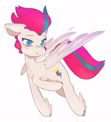 Size: 1864x2048 | Tagged: safe, artist:haichiroo, imported from derpibooru, zipp storm, pegasus, pony, blushing, chest fluff, floppy ears, flying, g5, my little pony: a new generation, solo, spread wings, winged hooves, wings