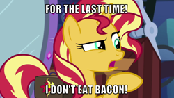 Size: 1066x600 | Tagged: safe, edit, edited screencap, editor:twi clown, imported from derpibooru, screencap, sunset shimmer, pony, unicorn, equestria girls, mirror magic, spoiler:eqg specials, bacon, bacon hair, caption, female, food, image macro, mare, meat, solo, text