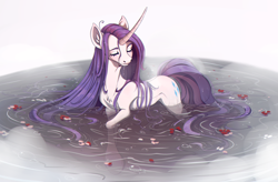 Size: 3008x1978 | Tagged: safe, artist:1an1, imported from derpibooru, rarity, pony, unicorn, blushing, cute, eyes closed, female, mare, raribetes, redraw, rose petals, solo, water, wet, wet mane, wet mane rarity