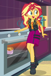 Size: 590x880 | Tagged: safe, imported from derpibooru, screencap, sunset shimmer, equestria girls, equestria girls series, holidays unwrapped, spoiler:eqg series (season 2), clothes, cropped, cute, female, food, geode of empathy, kitchen, magical geodes, open mouth, open smile, oven, ramekin, saving pinkie's pie, shimmerbetes, skirt, smiling, solo, souffle
