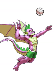 Size: 1280x1707 | Tagged: safe, artist:mykegreywolf, imported from derpibooru, spike, anthro, dragon, beefspike, muscles, older, older spike, simple background, solo, sports, volleyball, white background, winged spike, wings