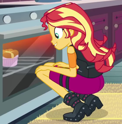 Size: 556x566 | Tagged: safe, imported from derpibooru, screencap, sunset shimmer, equestria girls, equestria girls series, holidays unwrapped, spoiler:eqg series (season 2), ass, boots, bunset shimmer, butt, clothes, cropped, cute, female, food, grin, high heel boots, kitchen, looking at something, oven, ramekin, saving pinkie's pie, shimmerbetes, shoes, skirt, smiling, solo, souffle, squatting, vest