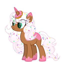 Size: 2400x2400 | Tagged: safe, artist:ponkus, imported from derpibooru, oc, oc only, oc:donut daydream, pony, unicorn, cute, donut, food, high res, simple background, solo, sprinkles, transparent background