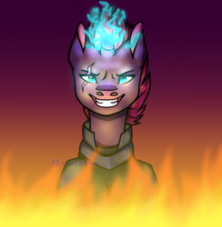 Size: 880x900 | Tagged: safe, artist:silviaandart, imported from derpibooru, tempest shadow, pony, unicorn, broken horn, bust, evil grin, eye scar, female, fire, glowing, glowing horn, grin, horn, magic, mare, open up your eyes, portrait, scar, smiling, solo