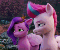 Size: 402x333 | Tagged: safe, imported from derpibooru, screencap, pipp petals, zipp storm, pegasus, pony, spoiler:my little pony: a new generation, 3d, animated, cropped, duo, exchanging looks, female, folded wings, g5, gif, looking at each other, mare, my little pony: a new generation, outdoors, royal sisters (g5), siblings, sisters, wings