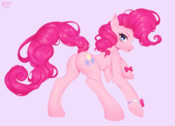 Size: 1400x1015 | Tagged: safe, artist:gomicake, imported from derpibooru, pinkie pie, earth pony, pony, balloonbutt, bow, butt, female, looking at you, looking back, looking back at you, mare, pink background, plot, raised hoof, signature, simple background, solo