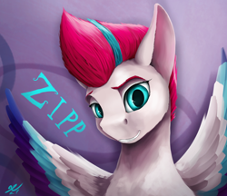 Size: 2500x2160 | Tagged: safe, artist:tenebrisnoctus, imported from derpibooru, zipp storm, pegasus, pony, bust, female, g5, grin, high res, mare, my little pony: a new generation, portrait, signature, simple background, smiling, solo, spread wings, wings