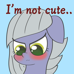 Size: 2160x2160 | Tagged: safe, artist:limitmj, imported from derpibooru, limestone pie, earth pony, pony, blatant lies, blue background, blushing, bust, cute, female, floppy ears, high res, i'm not cute, lies, limabetes, limetsun pie, looking down, mare, simple background, solo, tsundere