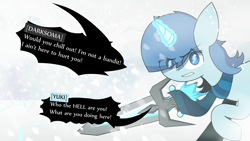 Size: 1500x844 | Tagged: safe, artist:darksoma, imported from derpibooru, oc, oc only, oc:yuki, pony, unicorn, blind, blizzard, dialogue, fight, offscreen character, snow, snowfall, solo, spear, speech bubble, weapon