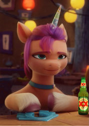 Size: 563x796 | Tagged: safe, edit, edited screencap, imported from derpibooru, screencap, sunny starscout, earth pony, pony, spoiler:my little pony: a new generation, 3d, alcohol, beer, beer bottle, bottle, confident, cool, cropped, dos equis, fake horn, g5, meme, my little pony: a new generation, pegasus crystal, smiling, smirk, smug, solo, sunny smugscout, the most interesting man in the world