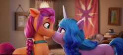 Size: 1340x598 | Tagged: safe, artist:thehuskylord, edit, edited screencap, imported from derpibooru, screencap, izzy moonbow, sunny starscout, earth pony, pony, unicorn, spoiler:g5, blushing, female, g5, izzyscout, kiss edit, kiss on the lips, kissing, lesbian, shipping