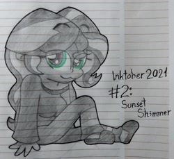 Size: 3120x2854 | Tagged: safe, artist:iceflower99, imported from derpibooru, sunset shimmer, equestria girls, clothes, high res, inktober, inktober 2021, lined paper, pajamas, solo, traditional art