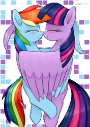Size: 2480x3507 | Tagged: safe, artist:twidasher, imported from derpibooru, rainbow dash, twilight sparkle, alicorn, pegasus, pony, blushing, boop, duo, eyes closed, feather, female, high res, hug, lesbian, noseboop, shipping, signature, twidash, twilight sparkle (alicorn), winghug, wings