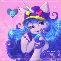 Size: 2000x2000 | Tagged: safe, alternate version, artist:ao_heart_, imported from derpibooru, izzy moonbow, pony, unicorn, spoiler:my little pony: a new generation, baseball cap, bracelet, cap, cutie mark, eyebrows, eyebrows visible through hair, g5, glasses off, hat, high res, izzy the rapper, jewelry, looking at you, my little pony: a new generation, open mouth, rapper