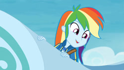 Size: 3410x1920 | Tagged: safe, imported from derpibooru, screencap, rainbow dash, equestria girls, equestria girls series, rollercoaster of friendship, clothes, cute, cutie mark, cutie mark on clothes, dashabetes, female, geode of super speed, high res, hoodie, jewelry, magical geodes, necklace, open mouth, open smile, roller coaster, smiling, solo