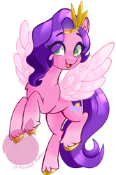 Size: 1610x2424 | Tagged: safe, artist:preserved_plumbo, artist:preservedplumbo, imported from derpibooru, pipp petals, pegasus, pony, adorapipp, crown, cute, flying, g5, happy, jewelry, my little pony: a new generation, open mouth, open smile, regalia, signature, simple background, smiling, solo, spread wings, white background, wings