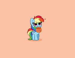 Size: 5344x4168 | Tagged: safe, artist:kittyrosie, imported from derpibooru, rainbow dash, pegasus, pony, :3, absurd resolution, blushing, cute, dashabetes, looking at you, mouth hold, pumpkin bucket, simple background, smol, smoldash, solo, tan background