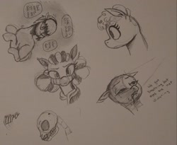 Size: 2048x1677 | Tagged: safe, artist:pony quarantine, imported from derpibooru, oc, oc:amber rose (thingpone), oc:munyu, oc:thingpone, earth pony, pony, zebra, blood, bust, female, flashlight (object), grayscale, mare, monochrome, offscreen character, sketch, sketch dump, skull, zebra oc